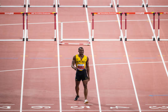 Omar McLeod of Jamaica looks dejected when competing the