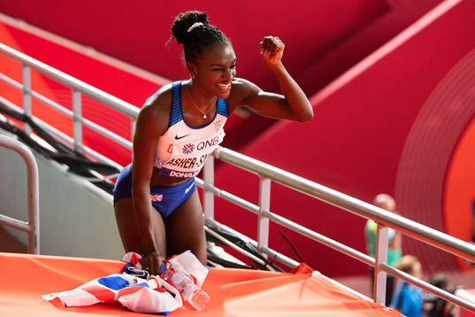 Dina Asher-Smith of Great Britain celebrates