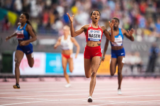 Salwa Eid Naser of Bahrain celebrates winning women’s 400