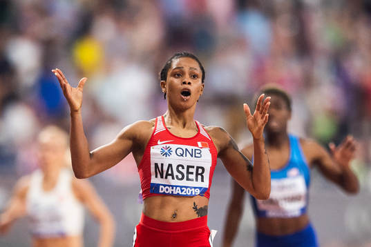 Salwa Eid Naser of Bahrain celebrates winning women’s 400