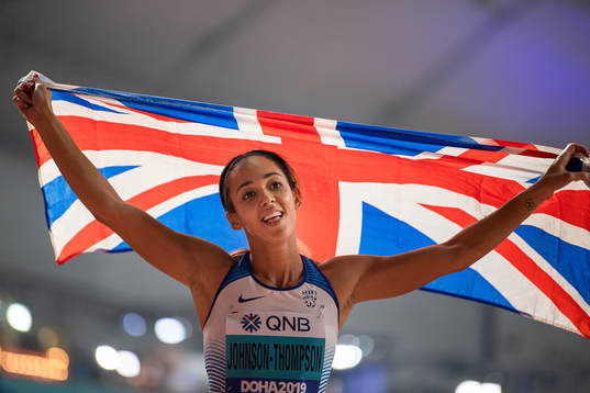 Katarina Johnson-Thomson of Great Britain celebrates