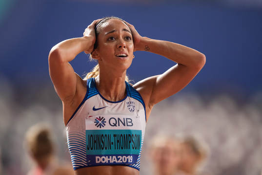 Katarina Johnson-Thomson of Great Britain celebrates