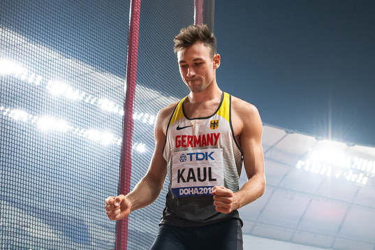 Niklas Kaul of Germany celebrates when competing in men's
