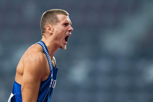 Maicel Uibo of Estonia celebrates when competing in men’s
