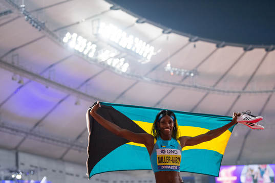 Shaunae Miller-Uibo of Bahamas celebrates her second place