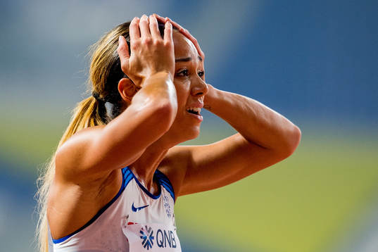 Katarina Johnson-Thompson of Great Britain reacts