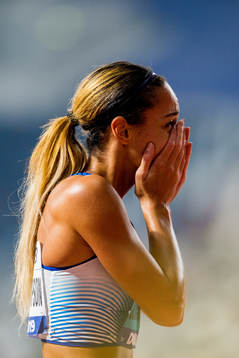 Katarina Johnson-Thompson of Great Britain reacts