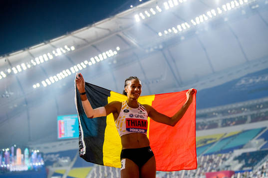 Nafissatou Thiam of Belgium celebrates