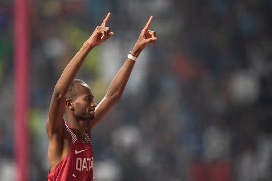 Mutaz Essa Barshim of Qatar celebrates
