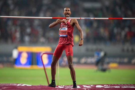 Mutaz Essa Barshim of Qatar celebrates