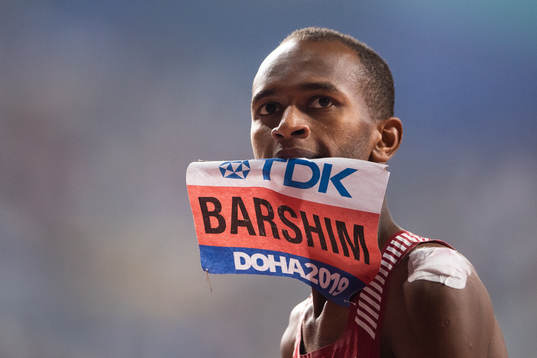 Mutaz Essa Barshim of Qatar celebrates