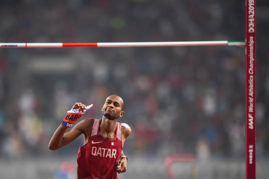 Mutaz Essa Barshim of Qatar celebrates