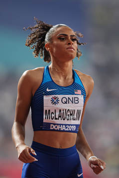Sydney McLaughlin of USA in the women's 400 meter hurdles