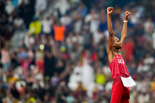 Mutaz Essa Barshim of Qatar celebrates