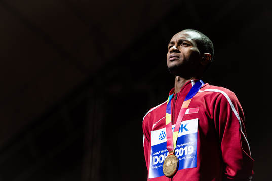 Mutaz Essa Barshim of Qatar at the medal ceremony for the