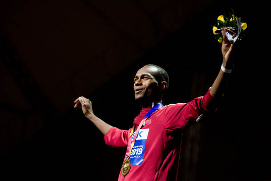 Mutaz Essa Barshim of Qatar with his gold medal at the