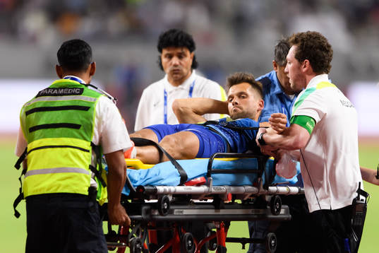 Magnus Kirt of Estonia is injured in men's javelin throw