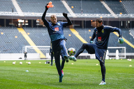 John Guidetti and goalkeeper Kristoffer Nordfeldt of the