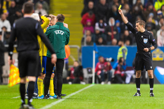 Janne Andersson, head coach of Sweden receives a yellow