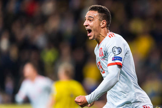 Rodrigo of Spain celebrates scoring 1-1