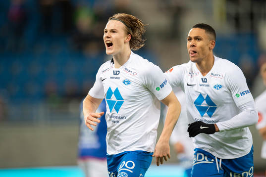 Tobias Christensen of Molde celebrate with Mathis Bolly