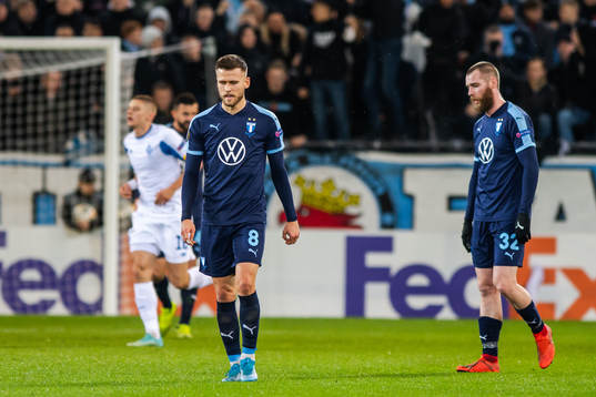 Arnor Traustason and Jo Inge Berget of Malmö FF look