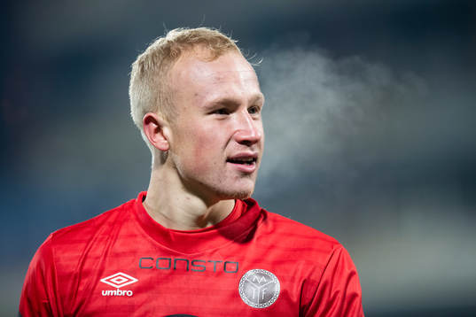 Goalkeeper Julian Faye Lund of Mjøndalen celebrates