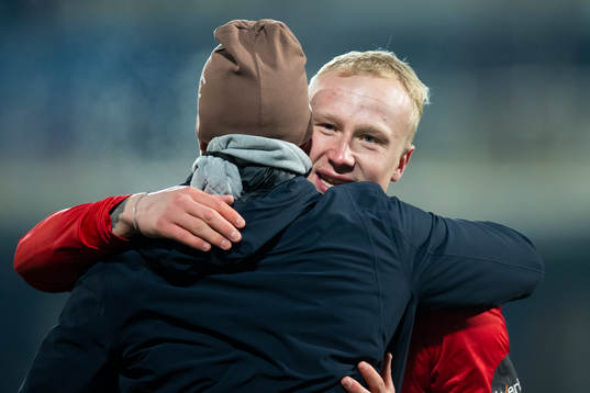 Goalkeeper Julian Faye Lund of Mjøndalen celebrates