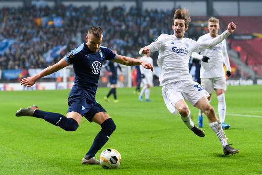 Eric Larsson of Malmö FF and Rasmus Falk of FC Köpenhamn