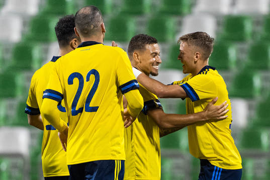 Jordan Larsson celebrates with Jesper Karlsson of Sweden