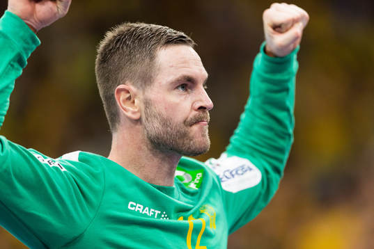Goalkeeper Andreas Palicka of Sweden celebrates
