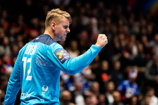 Goalkeeper Kristian Sæverås of Norway celebrates