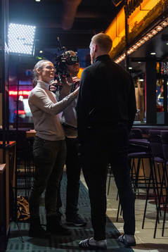 Suzanne Sjögren of Swedish broadcaster Viasat interviews