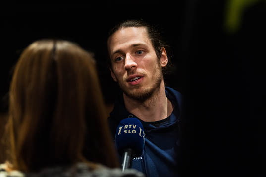 Kim Ekdahl Du Rietz of Sweden is interviewed at a press