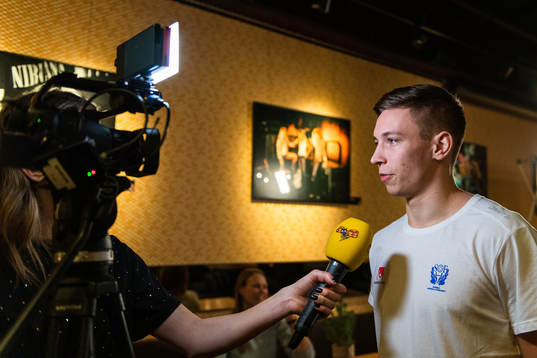 Jerry Tollbring of Sweden, is interviewed at a press event
