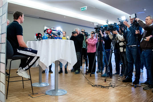 Sander Sagosen of Norway talks to the media at a press event