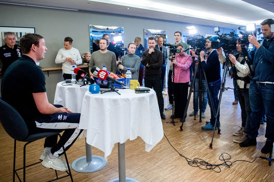 Sander Sagosen of Norway talks to the media at a press event