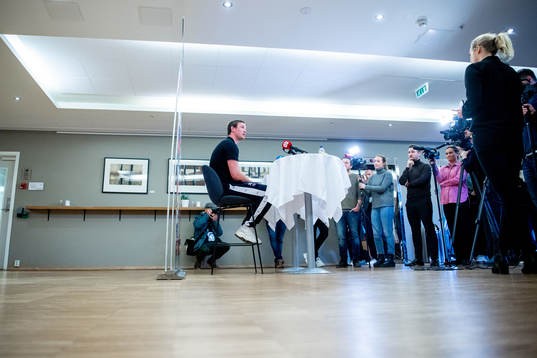 Sander Sagosen of Norway talks to the media at a press event