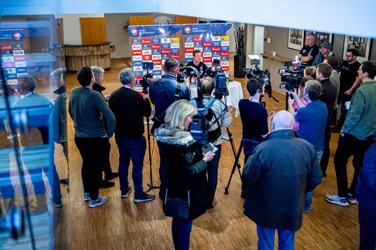 Sander Sagosen of Norway talks to the media at a press event