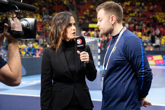 Suzanne Sjögren of Swedish broadcaster Viasat interviews