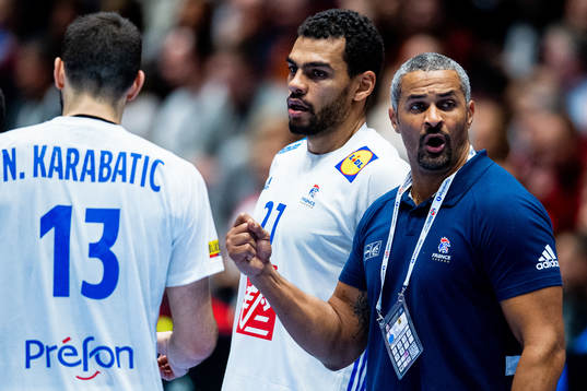 Nikola Karabatic, Adrien Dipanda and Didier Dinart, head
