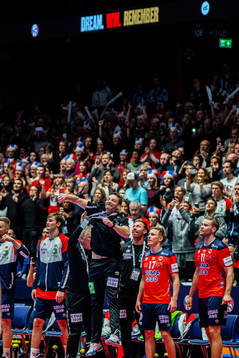 Christian Berge, head coach of Norway, celebrates at the