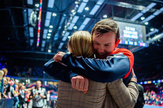 Sander Sagosen of Norway hugs his sister Ine Sagosen