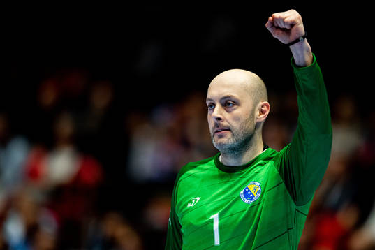 Goalkeeper Nebojsa Grahovac of Bosnia-Herzegovina celebrates