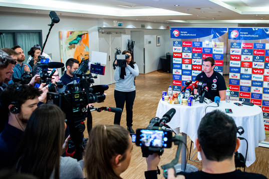 Sander Sagosen of Norway talks to the media at a press event