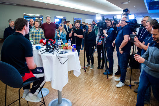 Sander Sagosen of Norway talks to the media at a press event