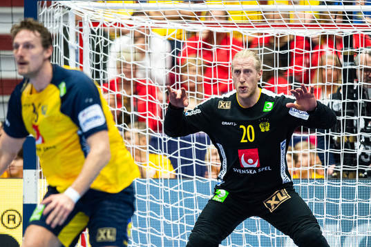 Jesper Nielsen and goalkeeper Mikael Appelgren of Sweden