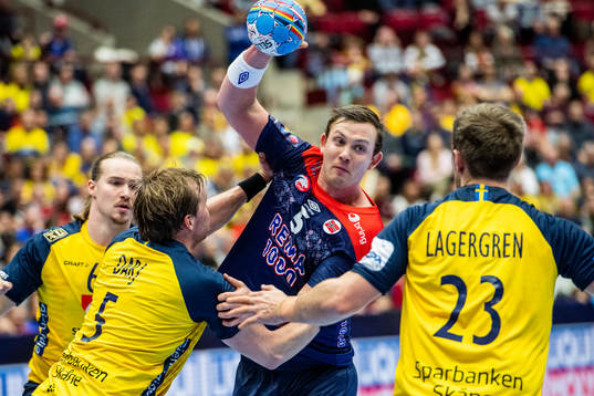 Sander Sagosen of Norway and Max Darj and Albin Lagergren