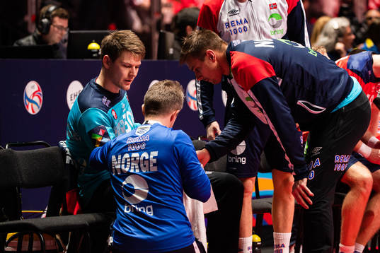 Goalkeeper Torbjørn Bergerud of Norway receives medical