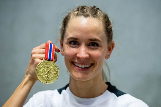 Hedda Hynne of Norway poses with her gold medal